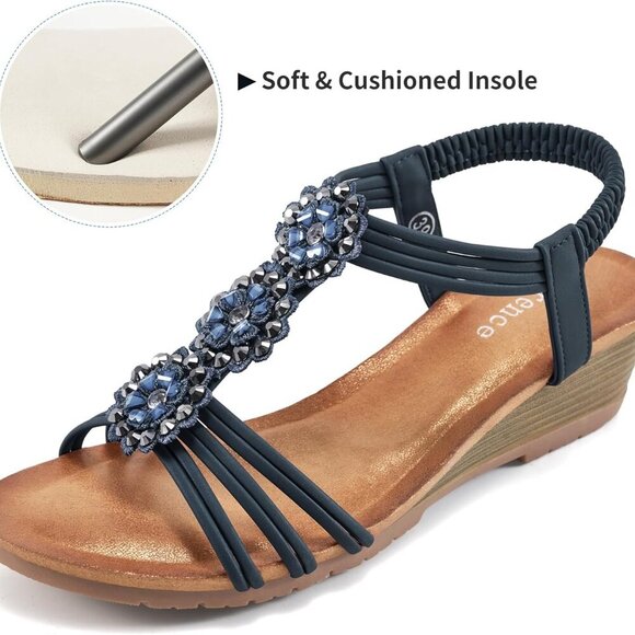 Women’s Wedge Sandals Faux Leather Open Toe Floral Rhinestone Summer Shoes - Picture 5 of 7